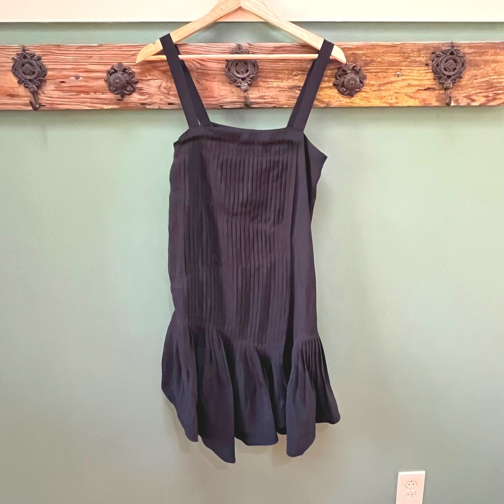 Tibi New York Black 100% Silk Pleated Bib Drop Waist Mini Dress Size 6